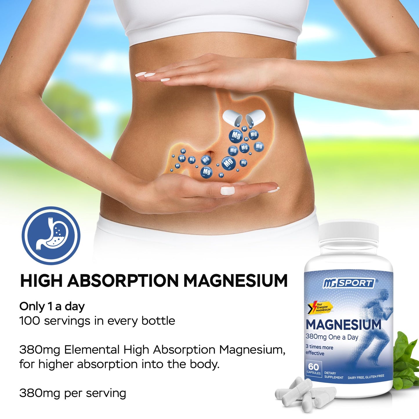 Magnesium Supplement Complex MGSPORT - High Absorption with Vitamins B6, D, E - Supports Muscle Function, 60 Servings