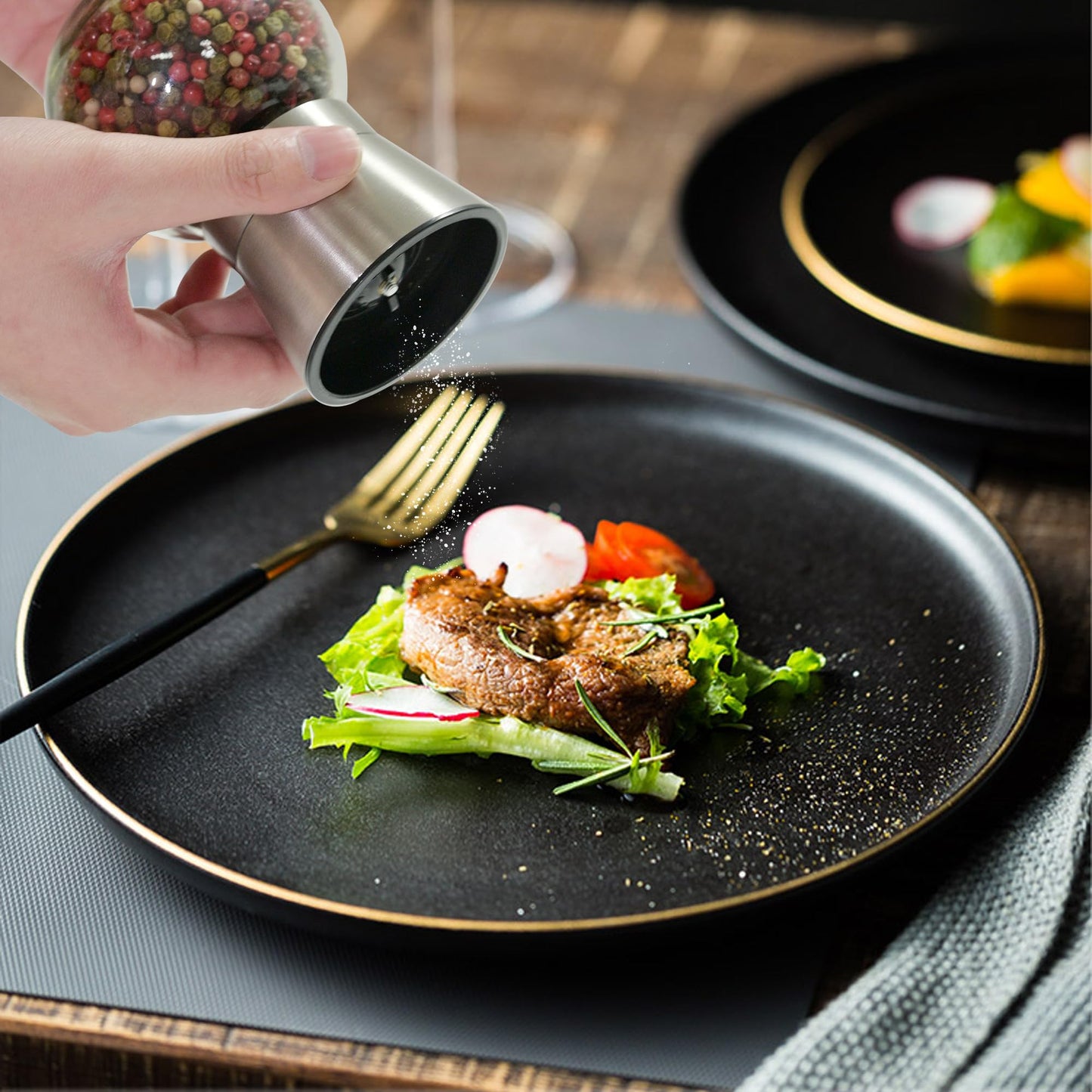 Bonris Stainless Steel Salt and Pepper Grinder Set of 2 - Round Design, Manual Operation, 5-Grade Adjustable Ceramic Coarseness for All Spices