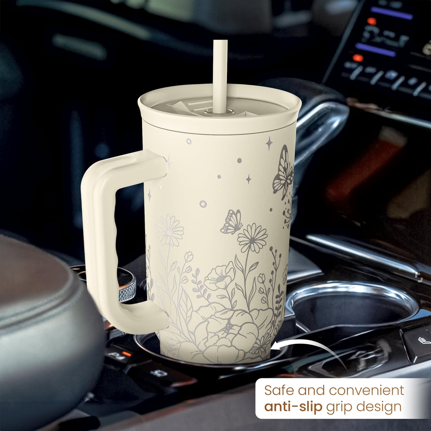 SANDJEST Floral Tumbler with Handle 40oz, Stainless Steel Insulated Tumblers Coffee Travel Mug Cup with Straw, Flower Coffee Cup Gifts for Women Girls, Gift for Her on Christmas Birthday Mothers Day