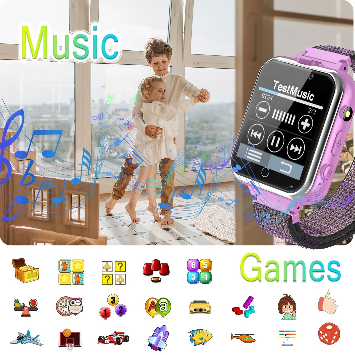 PTHTECHUS Kids Music Smartwatch with Game - Boys & Girls HD Touch Screen Smart Watch Phone with Camera Games Pedometer Sports Watches Supplies Grade Student Back to School(X32 Purple)