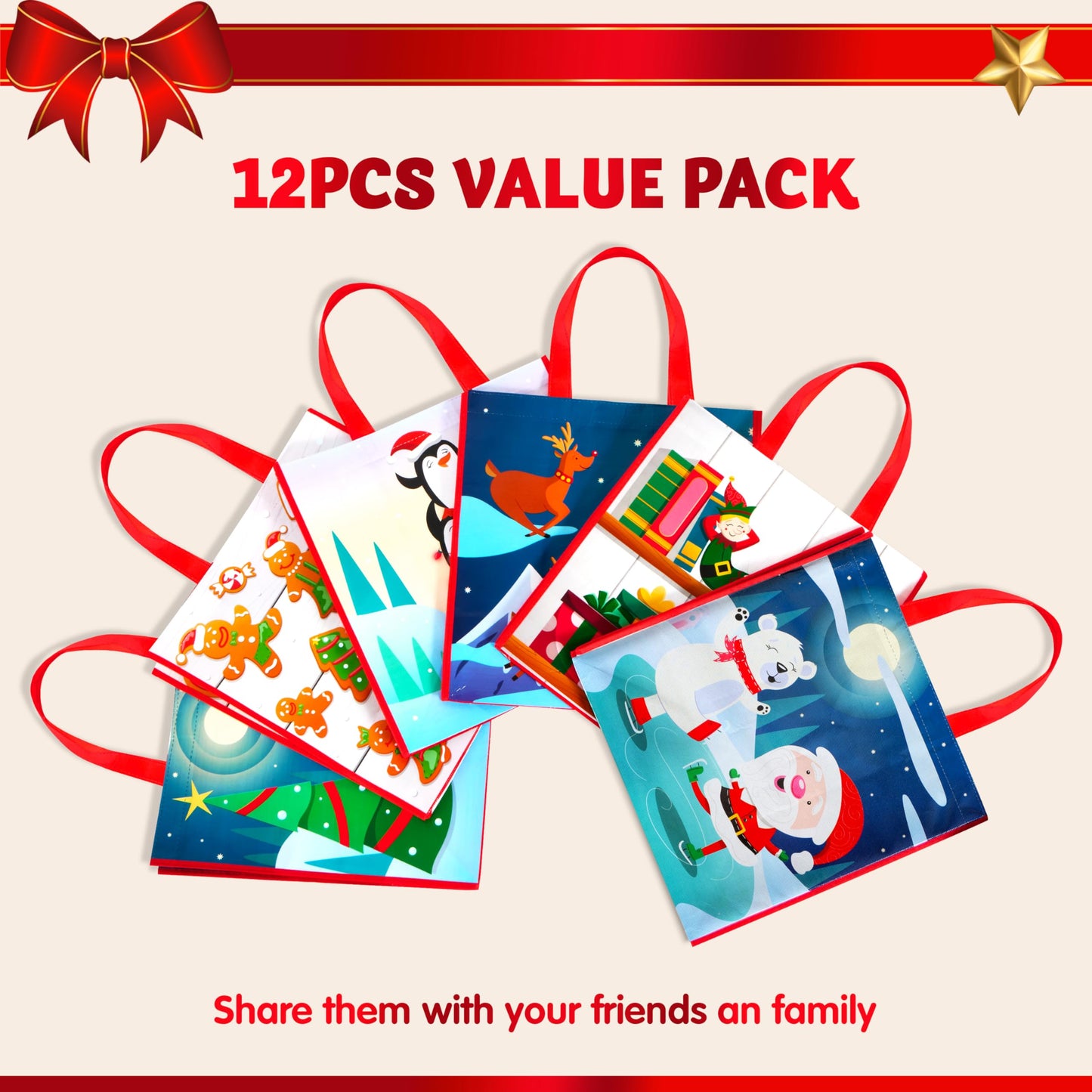 JOYIN 12 PCS Christmas Large Gift Bags with Handles 13.75" x 14", Non-Woven Tote Bag for Wrapping Xmas Party Favors, Reusable Grocery Bags, Party Supplies