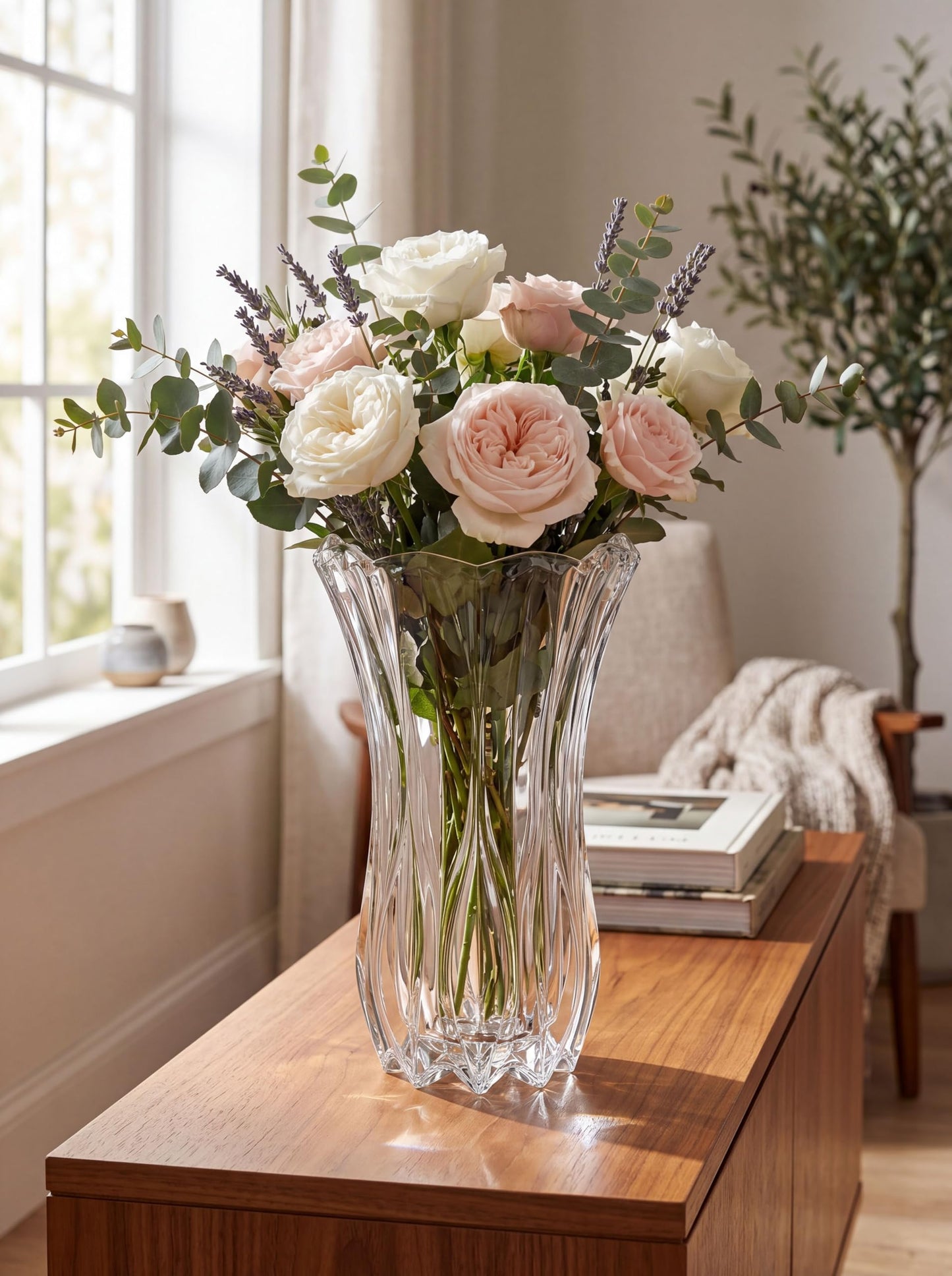 Celebrations by Mikasa Blossom Crystal Vase 12 Inch - Sculpted Flower Design for Fresh Bouquets, Home Decor, Centerpieces - Traditional and Contemporary Style