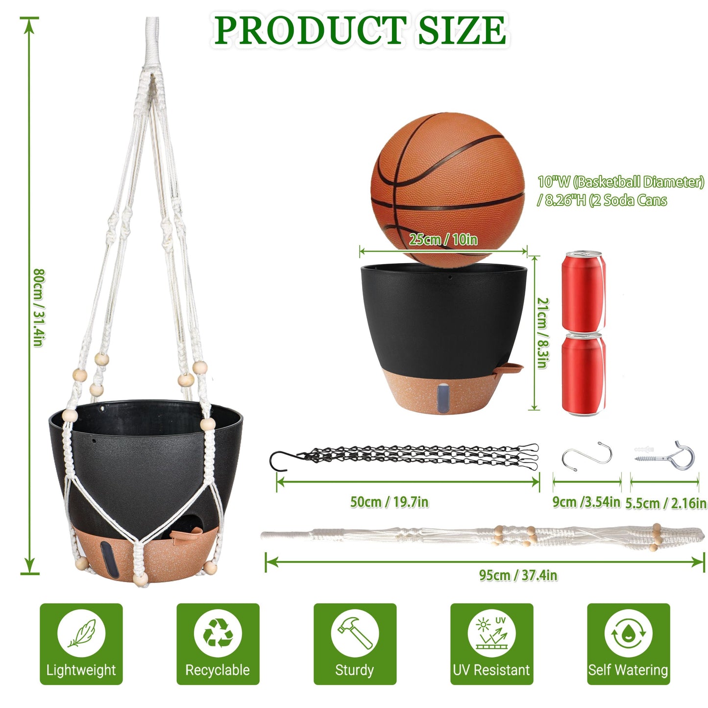 Fielda 10 Inch Hanging Planters for Indoor Plants, 2 Pack Self Watering Hanging Baskets Flower Pots with Drainage Hole, Visual Reservoir & 2 Kinds of Plant Hanger for Outdoor Garden Home Decor(Black)