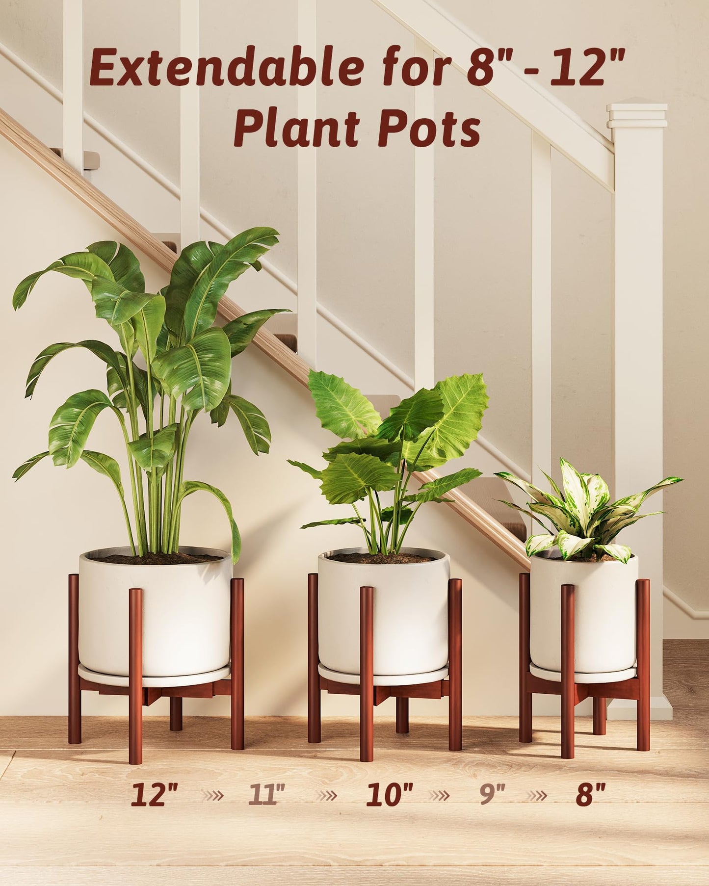 GENTINGBRO Adjustable Plant Stand Indoor, Bamboo Plant Stand Fits 8 9 10 11 12 Inches, Small Corner Planter Holder for Indoor Plants, Single Floor Plant Stands for Living Room Balcony, Reddish Brown