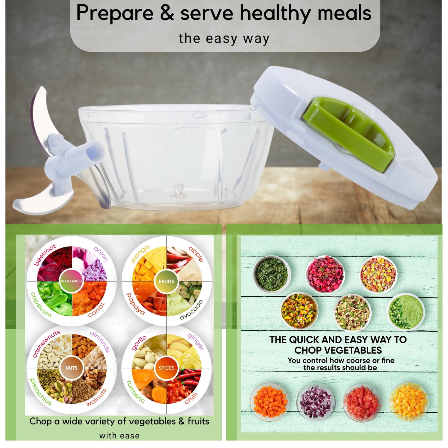 Brieftons Manual Food Chopper, Compact & Powerful Hand Pull Chopper Blender to Chop Onion, Garlic, Vegetables, Fruits, Herbs for Salsa, Salad, Pesto, Hummus, Coleslaw, Puree, Indian Cooking
