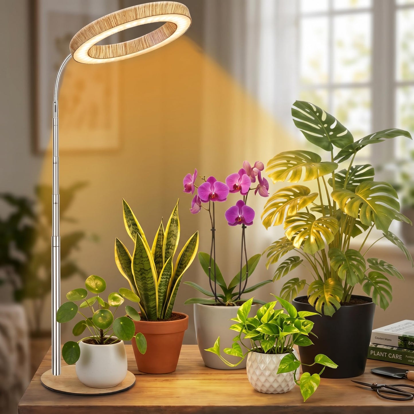 Grow Light for Indoor Plants Full Spectrum, Desk LED Plant Light with Faux Wood Grain, 12"-43" Height Adjustable, Auto On/Off Timer 3/9/12H, 3 Modes 10 Dimmable Levels for Succulents, Herbs