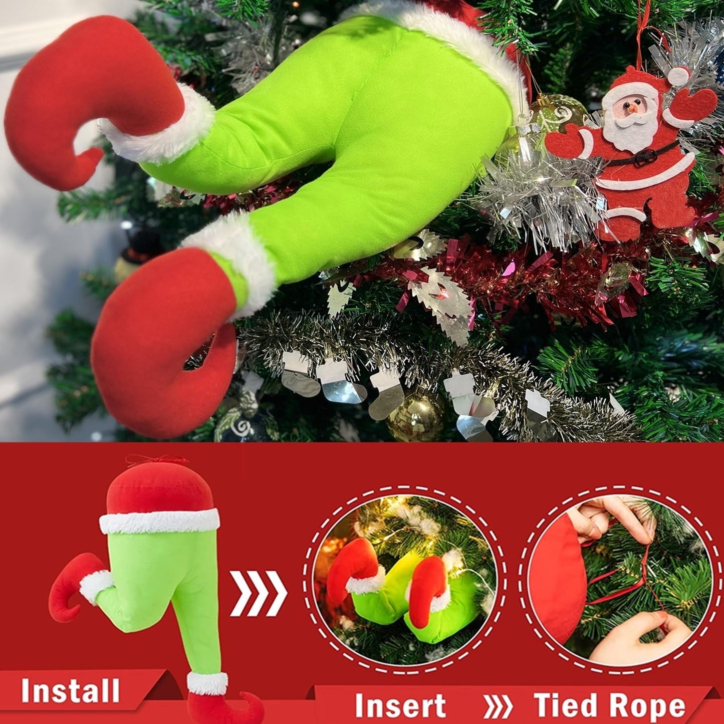 Christmas Elf Body Tree Decorations, Christmas Green Monster Stole Xmas Tree Topper, Pose-able Elf Stuffed Leg Arm and Head for Christmas Tree Hanging Oranemet