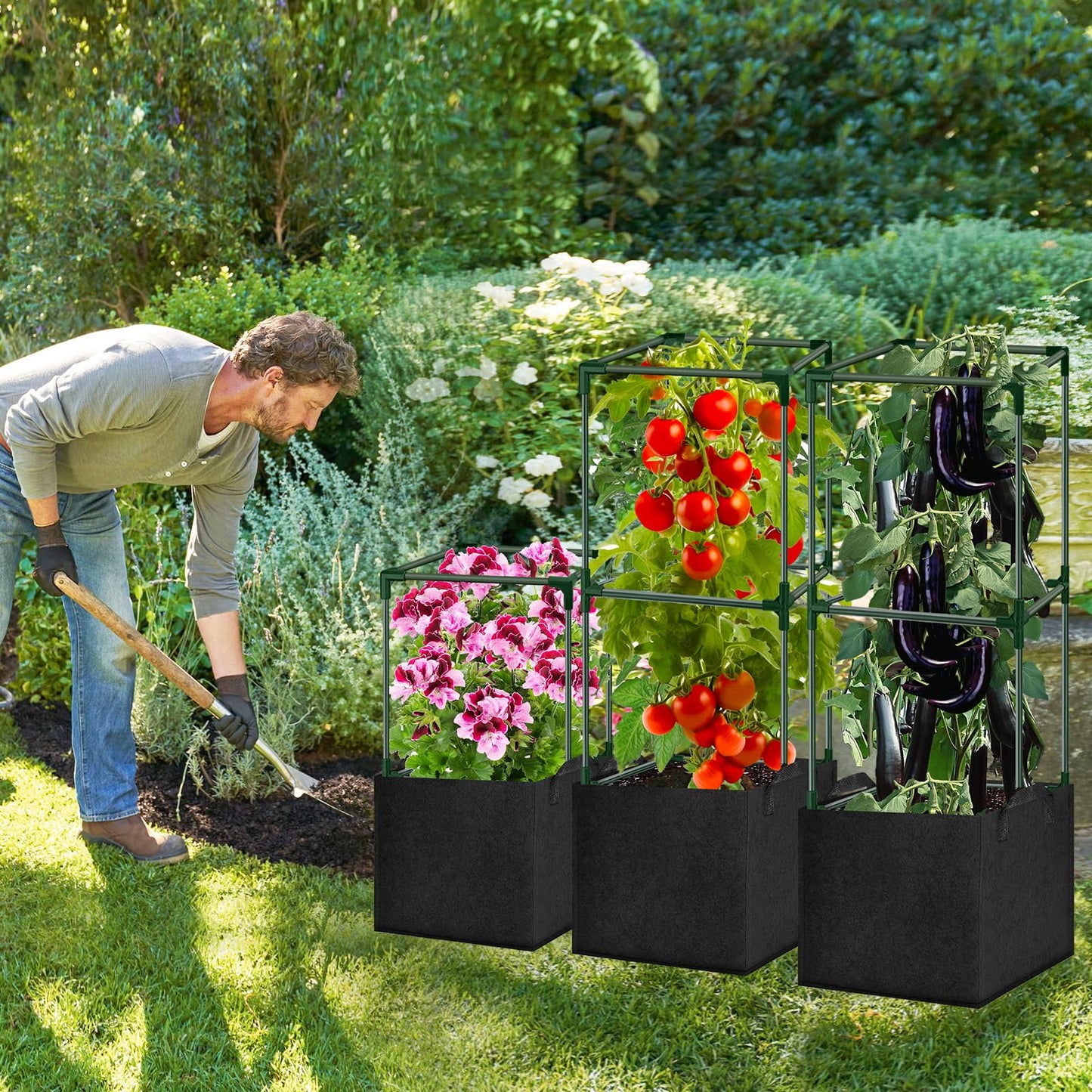 SUNXIZ 3 Pack Tomato Cages 47 Inch for Garden with 19.5 Gallon Square Grow Bags Planter Pots with Heavy Duty Trellis Plant Stakes Support Frames for Vertical Climbing Cucumber Vegetables Flowers