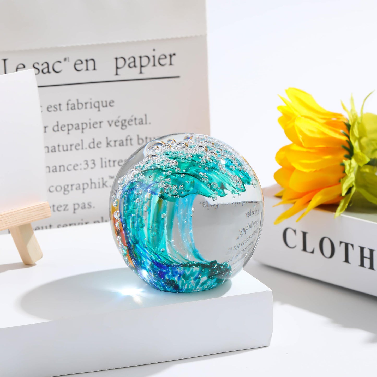 Qianwei Hand Blown Ocean Waves Crystal Ball - Glass Collectible Figurines Spere - Paperweight Glass Ball Aquarium DecorOffice Decor Ocean Lovers