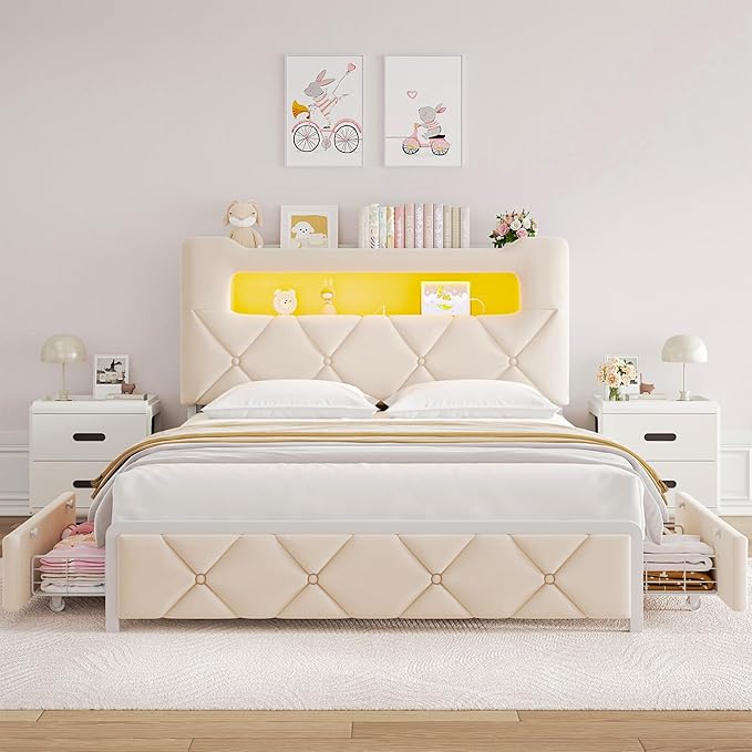 Queen Upholstered LED Bed Frame