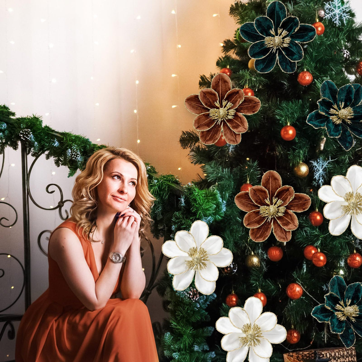 Suncalla 18 Pcs 5.9'' Large Christmas Magnolia Flower Artificial Glitter Velvet Christmas Tree Decoration Fold Xmas Ornaments for Tree Xmas Holiday Wedding Party New Year (Classic,White,Brown,Green)