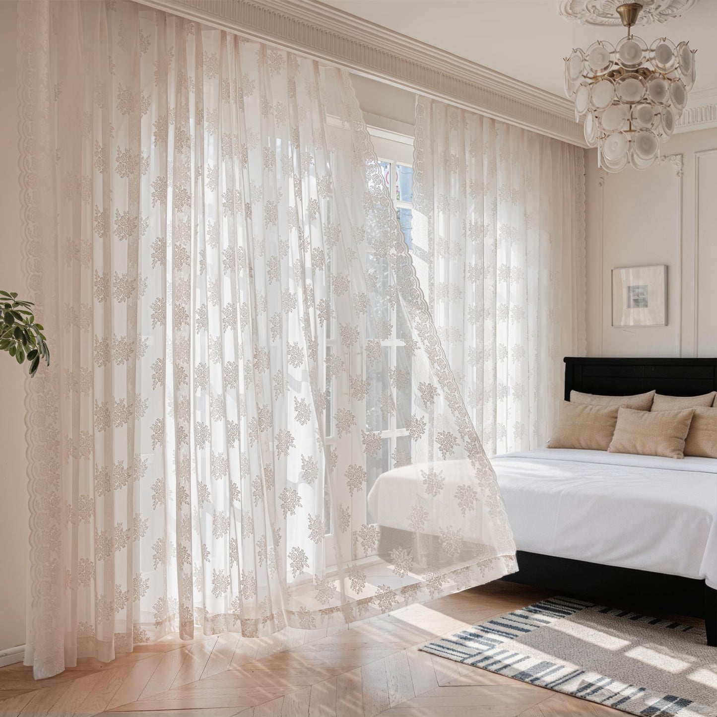 Ivory Lace Curtains 84 Inch Long Vintage Rose with Scalloped Edges Semi Sheer Curtain Drapes for Living Room, Bedroom Cream Lace Window Sheer Curtains with Rod Pocket, 57"W x 84"L, 2 Panels