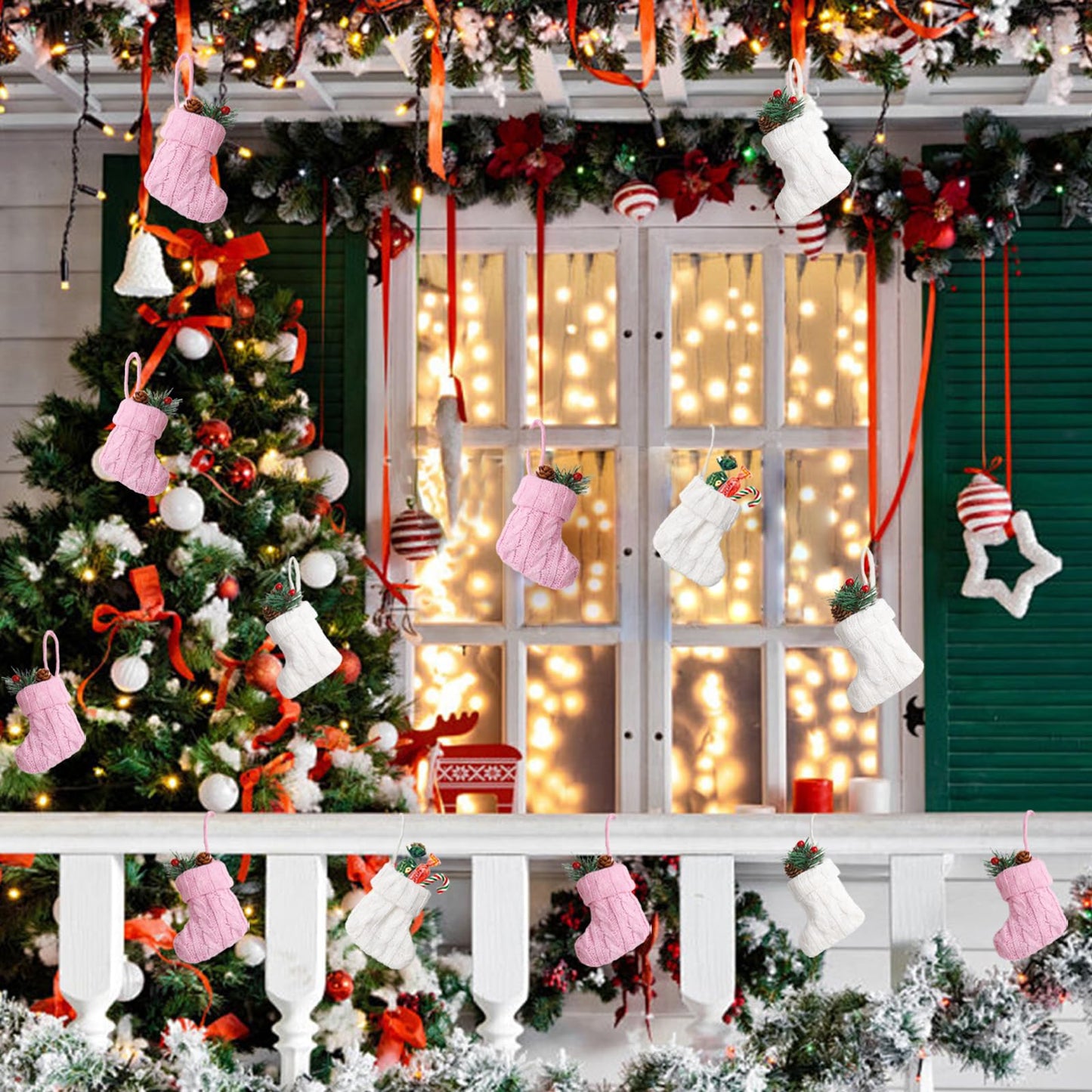 FSAIUIS 12Pcs Mini Knitted Christmas Stockings,Small White and Pink Knit Hanging Stocking for Fireplace Family Home Party Decorations