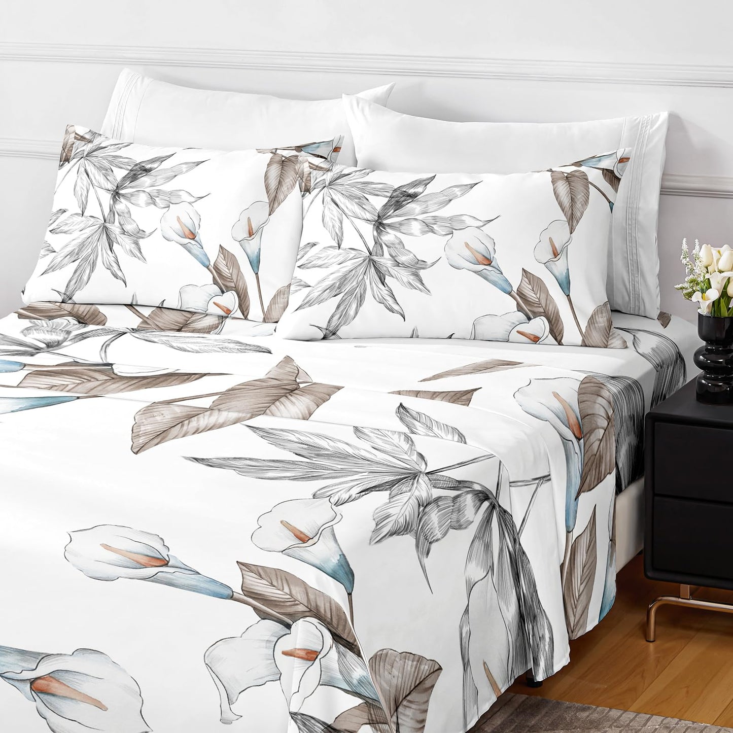 HCORA Floral Queen Sheet Set, Luxury 1800TC Hotel Quality Double Brushed Microfiber Deep Pocket Bed Sheets, Ultra Soft, Breathable and Cooling, 4PC, Queen Size