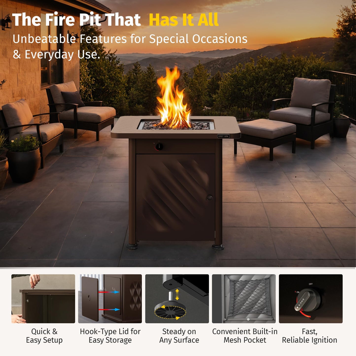 East Oak 28โ Outdoor Propane Fire Pit Table | 52,000 BTU Gas Fire Pit for 2-4 People with Space-Saving Hock Lid, Mesh Pocket & Lava Rocks | CSA Certified Safe for Patio, Deck, Backyard, Brown