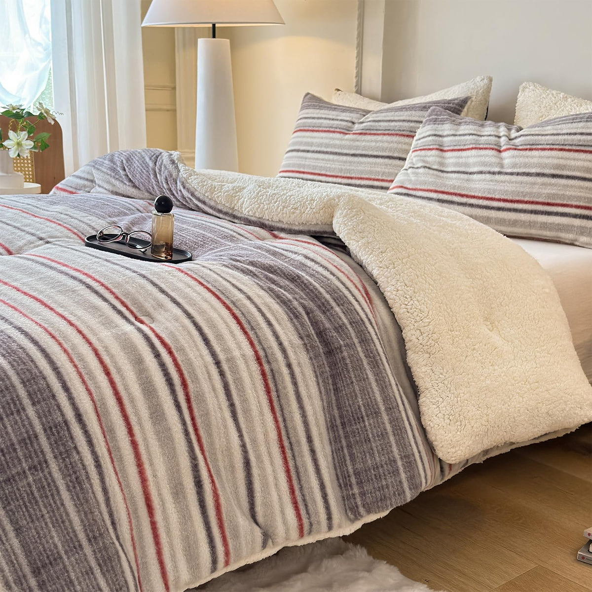 Cyusri Striped Sherpa Comforter Set 2Pcs Fluffy Warm Fleece Down Alternative, Grey Red Bedding Set with 1 Pillowcase, Twin Size 68"x90"