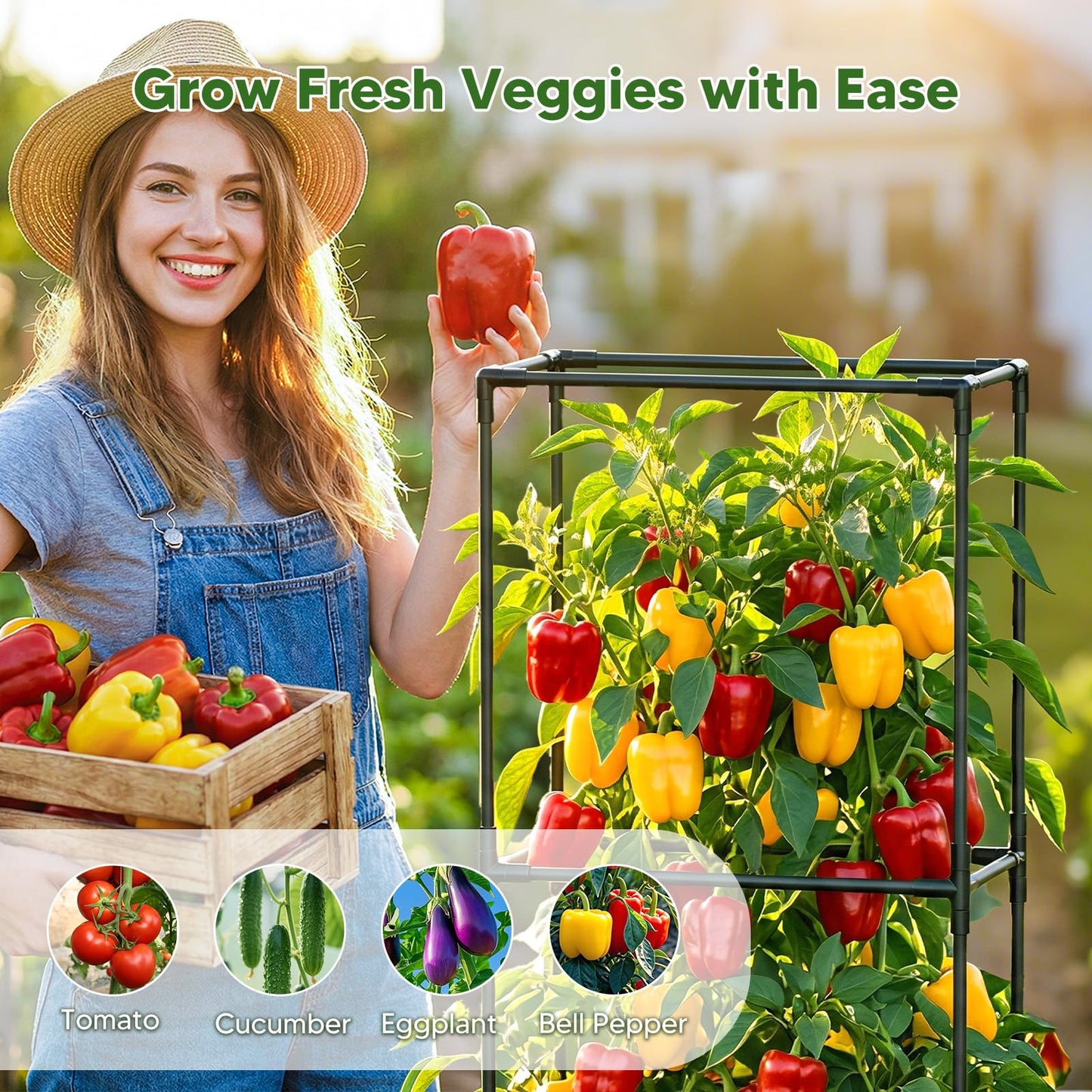 MQJIAZHI Raised Garden Bed with Tomato Cages,52"/4.3ft Tomato Planter with Trellis,Adjustable Height,Self Watering Planter Box for Vegetables & Climbing Plant Indoor Outdoor Balcony Patio (2)