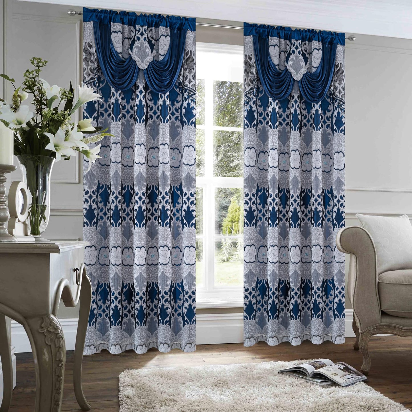 Petrichor Navy Sheer Jacquard Voile Curtains (54" W x 84" L), 2 Panels with Attached Valance, Double Layer Floral Cutwork Design with Luxurious Texture, Rod Pocket, for Bedroom & Living Room