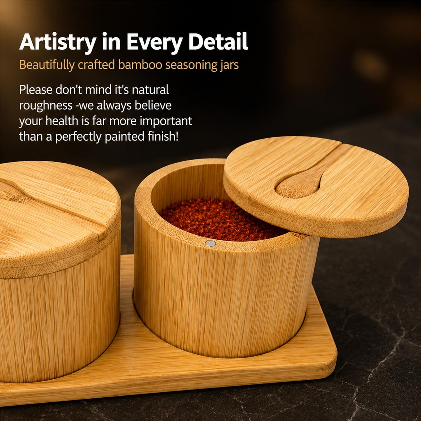 Bamboo Salt Cellar Set with Tray, 2 Salt and Pepper Cellar with Lids & Spoons, Magnetic Swivel Lid, 16 Labels, Spice Containers for Salt, Pepper, Sugar, Spices, Kitchen Countertop Organizer, 9 OZ Each