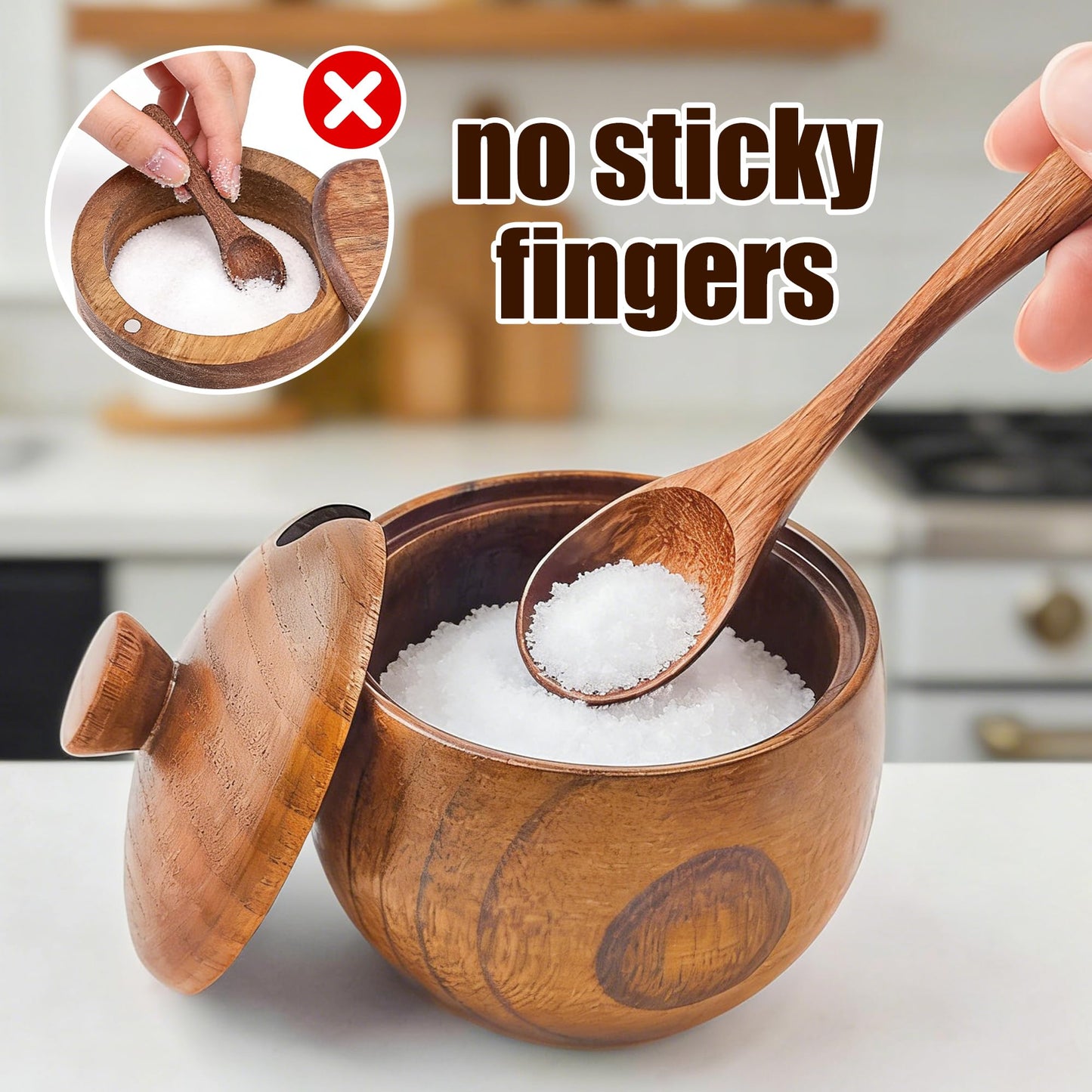 Yokudo Wooden Salt Cellar with Lid and Spoon 5.7 oz Kitchen Wooden Salt Box for Sea Salt,Spices and Herbs(1pcs)