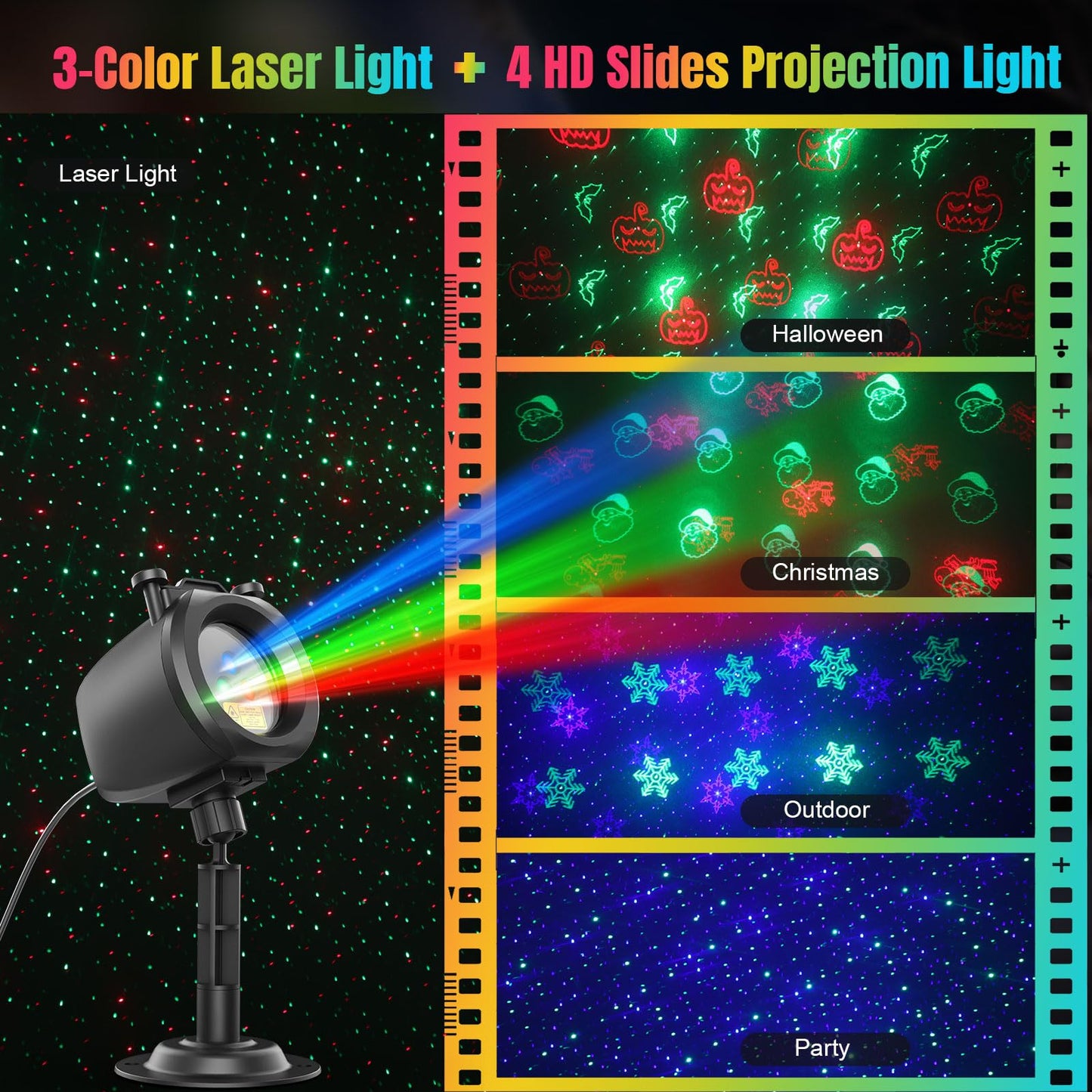 Christmas Laser Lights Projector Outdoor with 4 Dynamic Slides, 2-in-1 Moving RGB Firefly Laser Lights with Remote,Timer, Landscape Holiday Porjector for Window Wall Xmas Decor