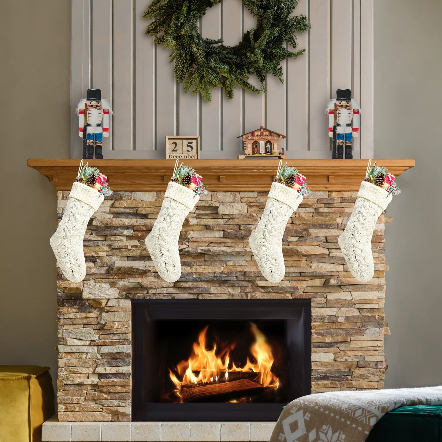 Kunyida Pack 4,18" Unique Ivory White Knit Christmas Stockings Style3