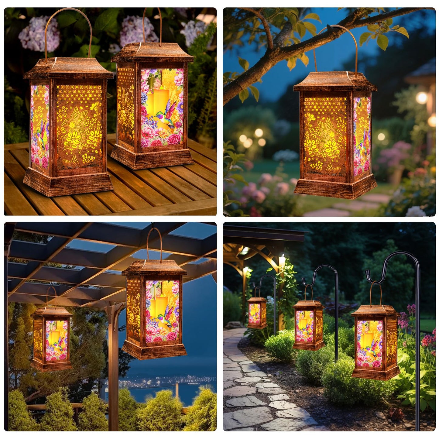 Hummingbird Solar Lanterns Outdoor Waterproof, Metal & Glass Hanging Lights Garden Decor, Birthday Gifts for Mothers Day Women Mom Christmas, Decorative Lights for Outside Yard Patio Backyard Porch