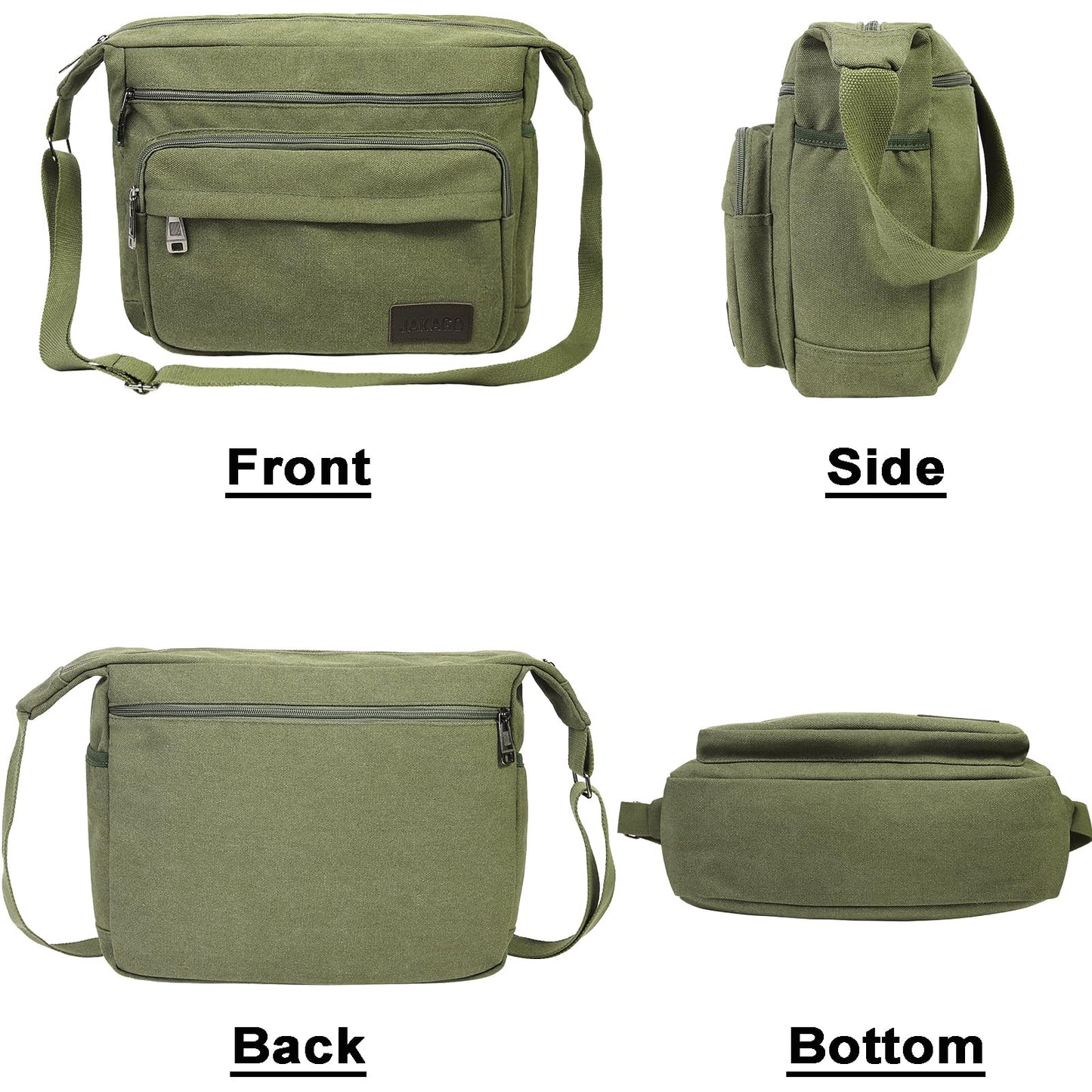 JAKAGO Canvas Messenger Bag Mens/Women Shoulder Bag with Multiple Pockets for School Travel Outdoor Fishing Camping Work Daily Use (15 inch,Green)