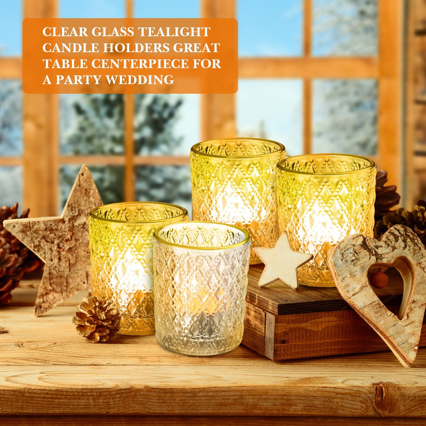 Set of 24 Glass Votive Candle Holders Clear Tealight Candle Holder with Gold Rim Embossed Tealight Holder Tea Light Candle Holders for Table Centerpiece, Wedding, Birthday, Holiday Decoration