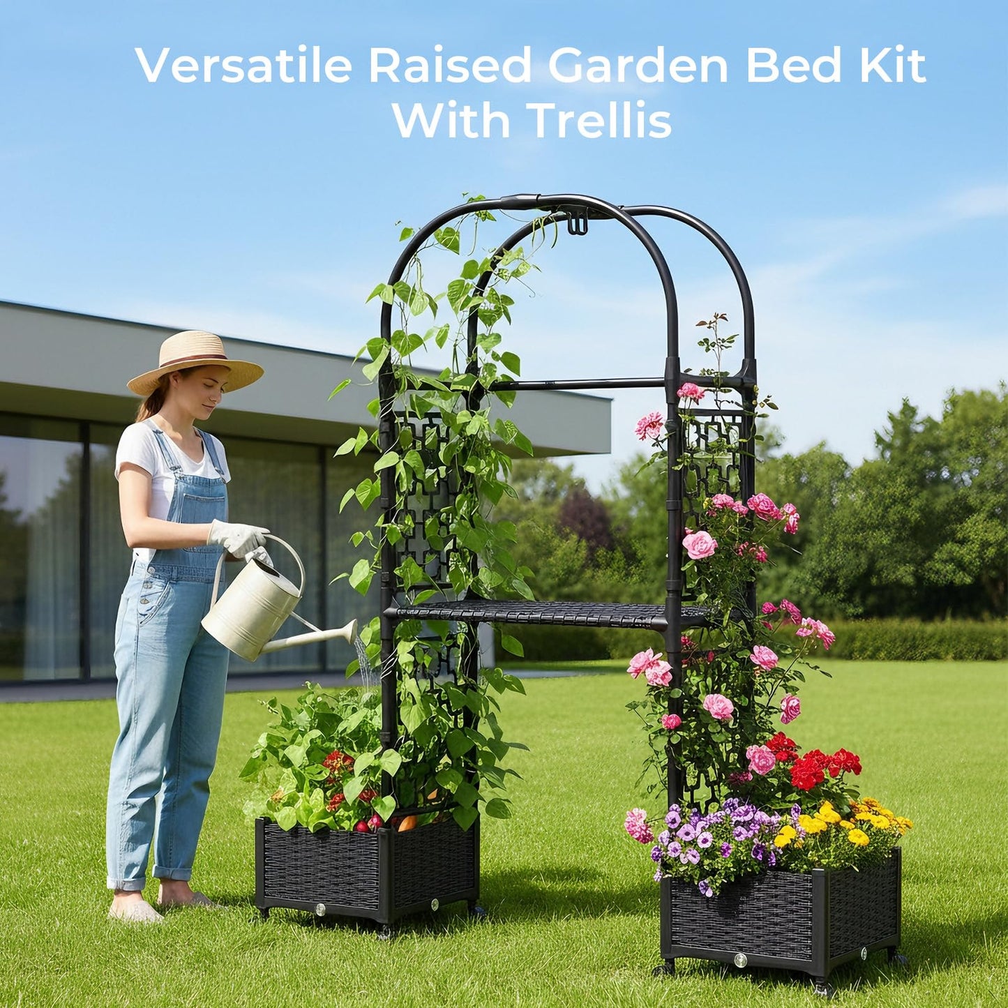 MQHUAYU 71"x16"x32" Planter Box with Trellis, 3-in-1 Self-Watering Planter Box with Wheels for Patio,Raised Garden Bed with Trellis, Drainage Holes & Metal Storage Rack for Vine Climbing Plants