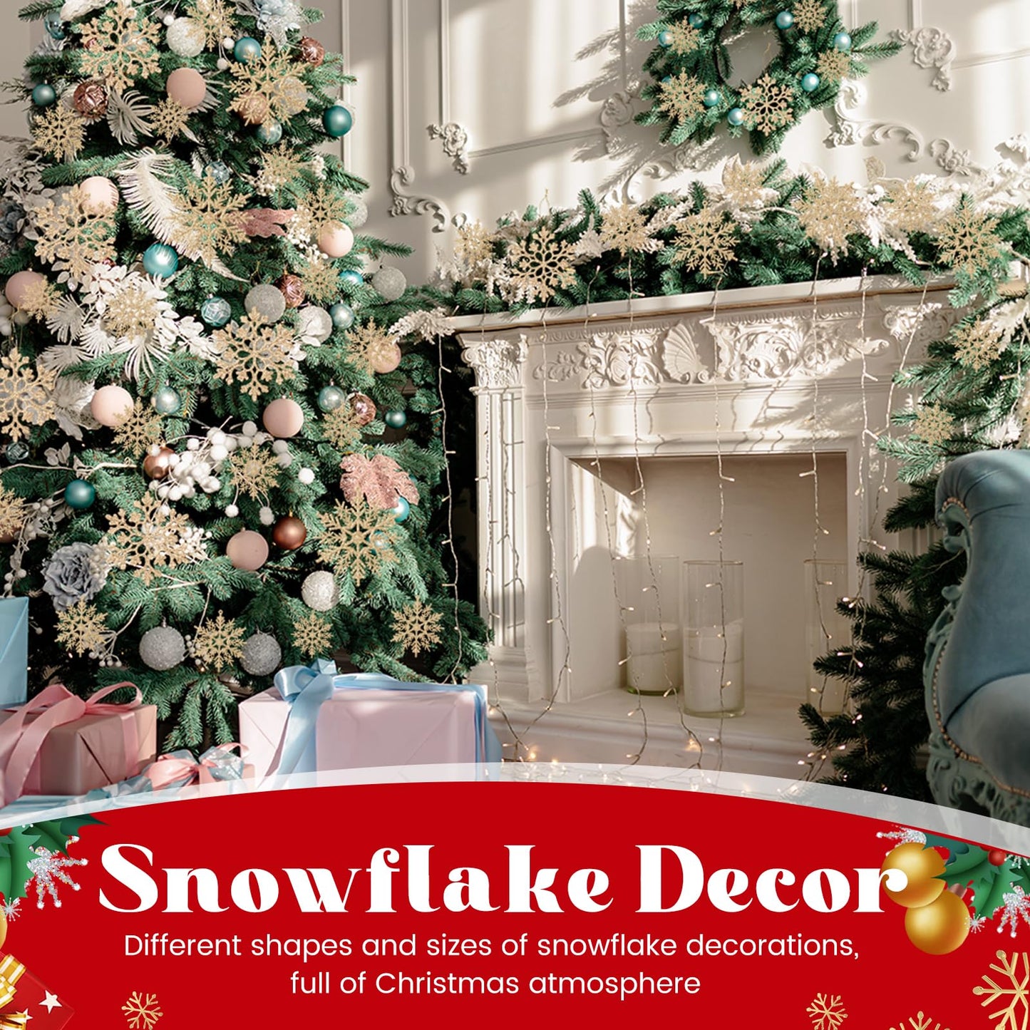 Teenyyou 36 Pcs Snowflake Christmas Tree Decoration 1 Pcs Glitter Star Tree Topper Snowflake Hanging Ornaments for Craft Christmas Trees DIY Indoor Ceiling Winter Party Decoration(Champagne)
