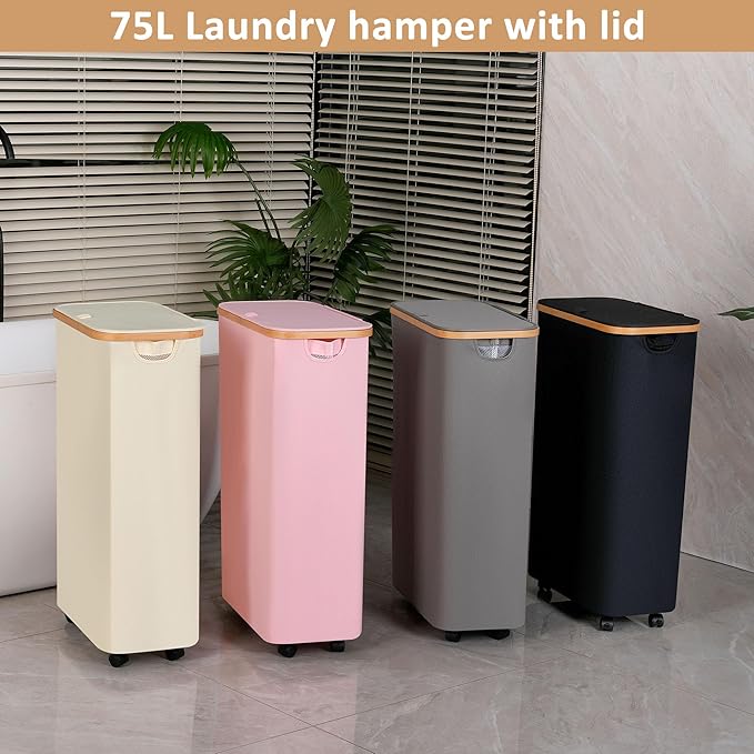 75L Laundry Basket with Wheels, Clothes Hamper