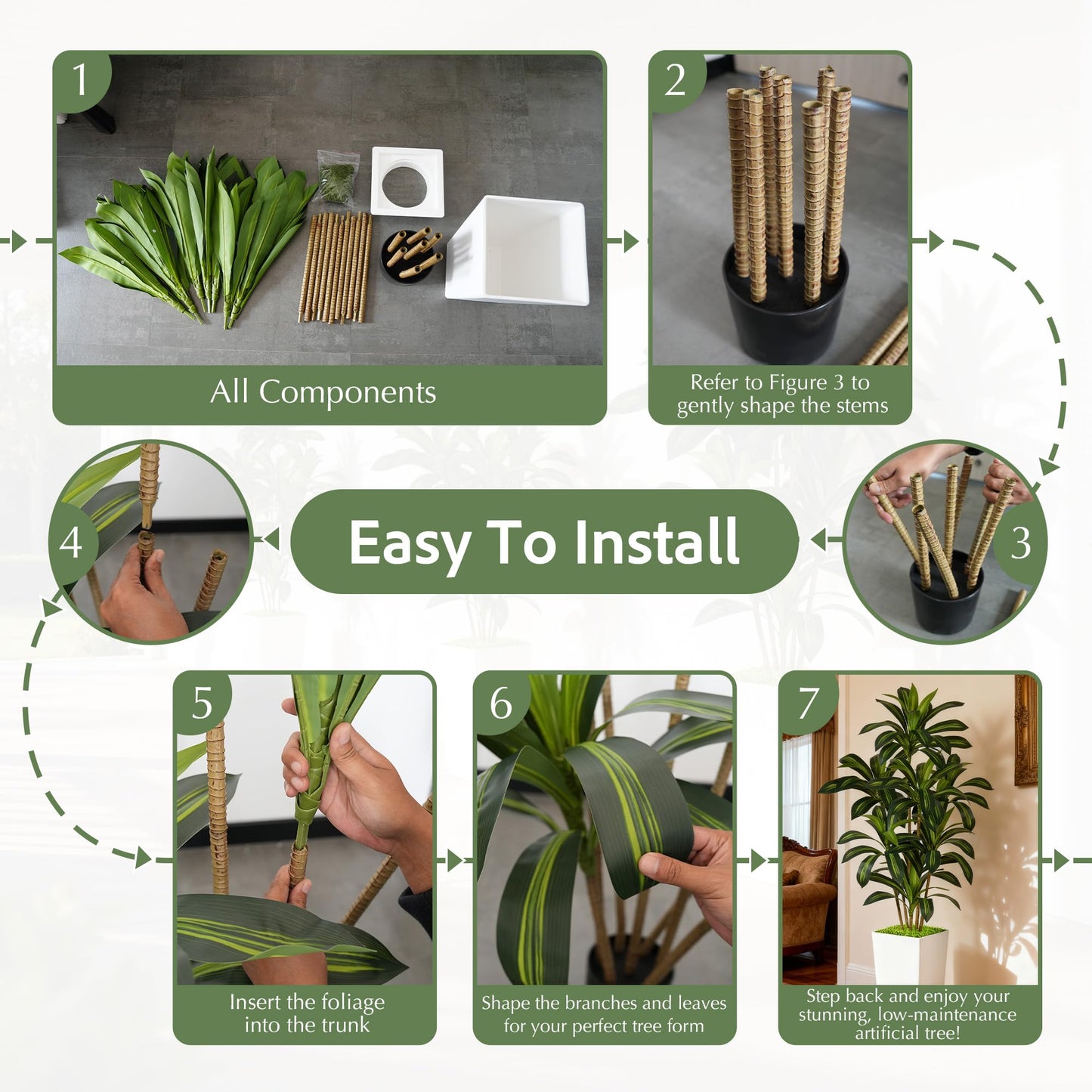 Wrbtn Realistic Artificial Indoor Plant Tree - Tall Fake Dracaena Potted Plant for Home Office Decor, Living Room & Bedroom - Lifelike Faux Plant Tree with Pot-Palm(White, 6FT)