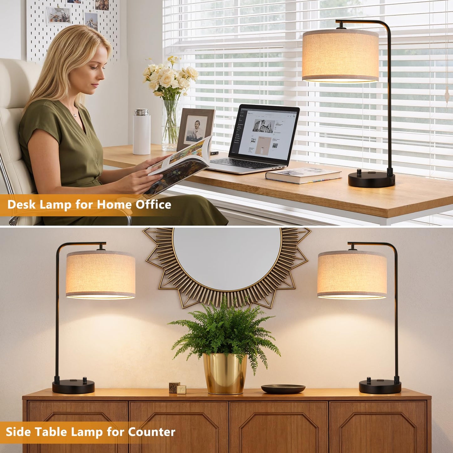 Innqoo Bedside Table Lamps for Bedroom Set of 2-Dimmable Nightstand Lamps with USB Port and Outlet,Modern Black Lamps with Linen Shade,Tall Desk Lamps for Home Office Bedroom Living Room End Table