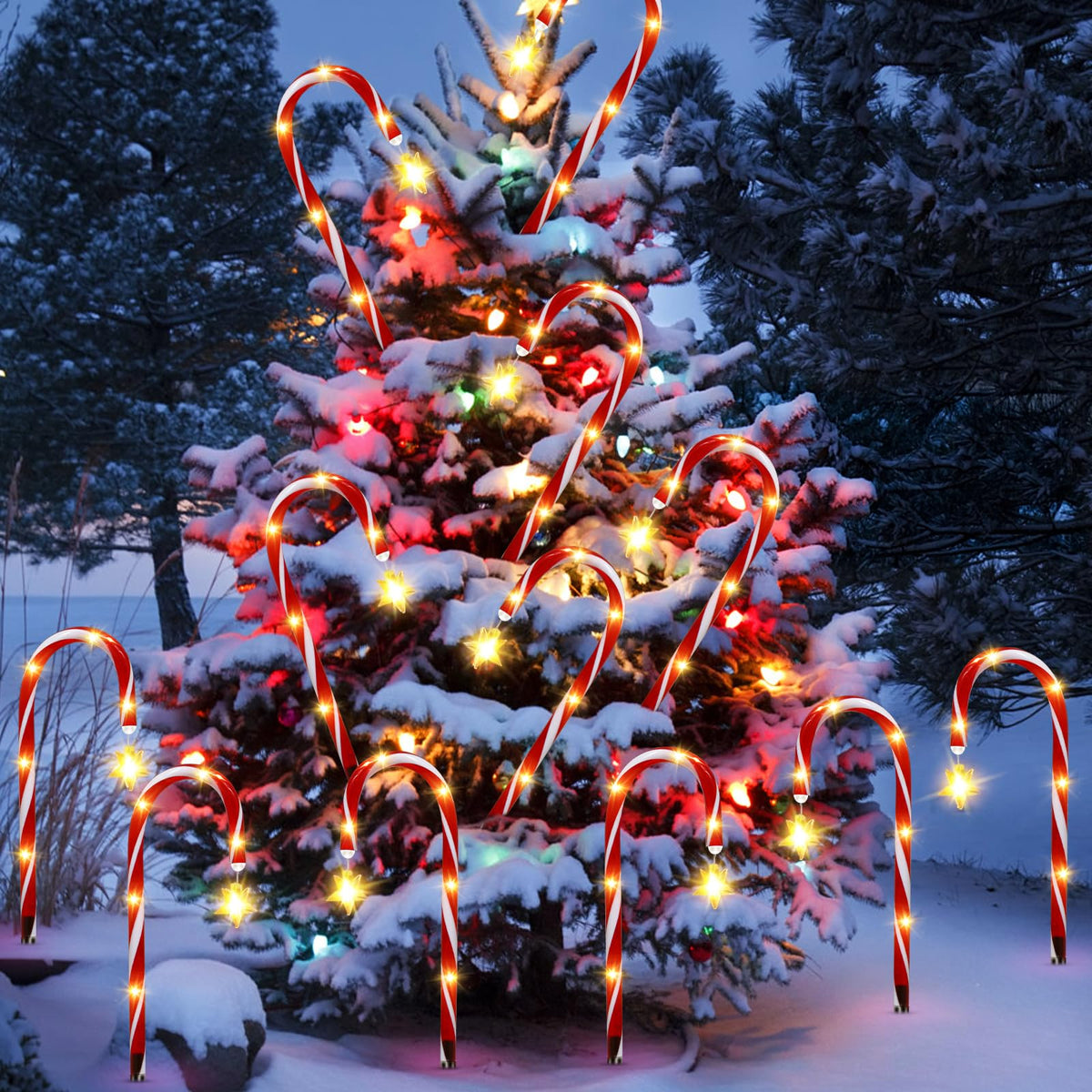 12 Pack Outdoor Christmas Decorations Solar Candy Cane Lights Solar Christmas Pathway Lights Outdoor Waterproof with Star & Bright LED 8 Modes Xmas Decorations for Outside Yard Garden