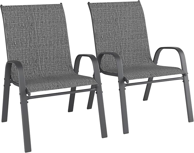 Patio Chairs Set of 2, Outdoor Dining Chairs Stackable for All Weather, Breathable Metal Modern Outside Furniture Chair for Pool Side, Garden, Backyard Deck, Dark Grey