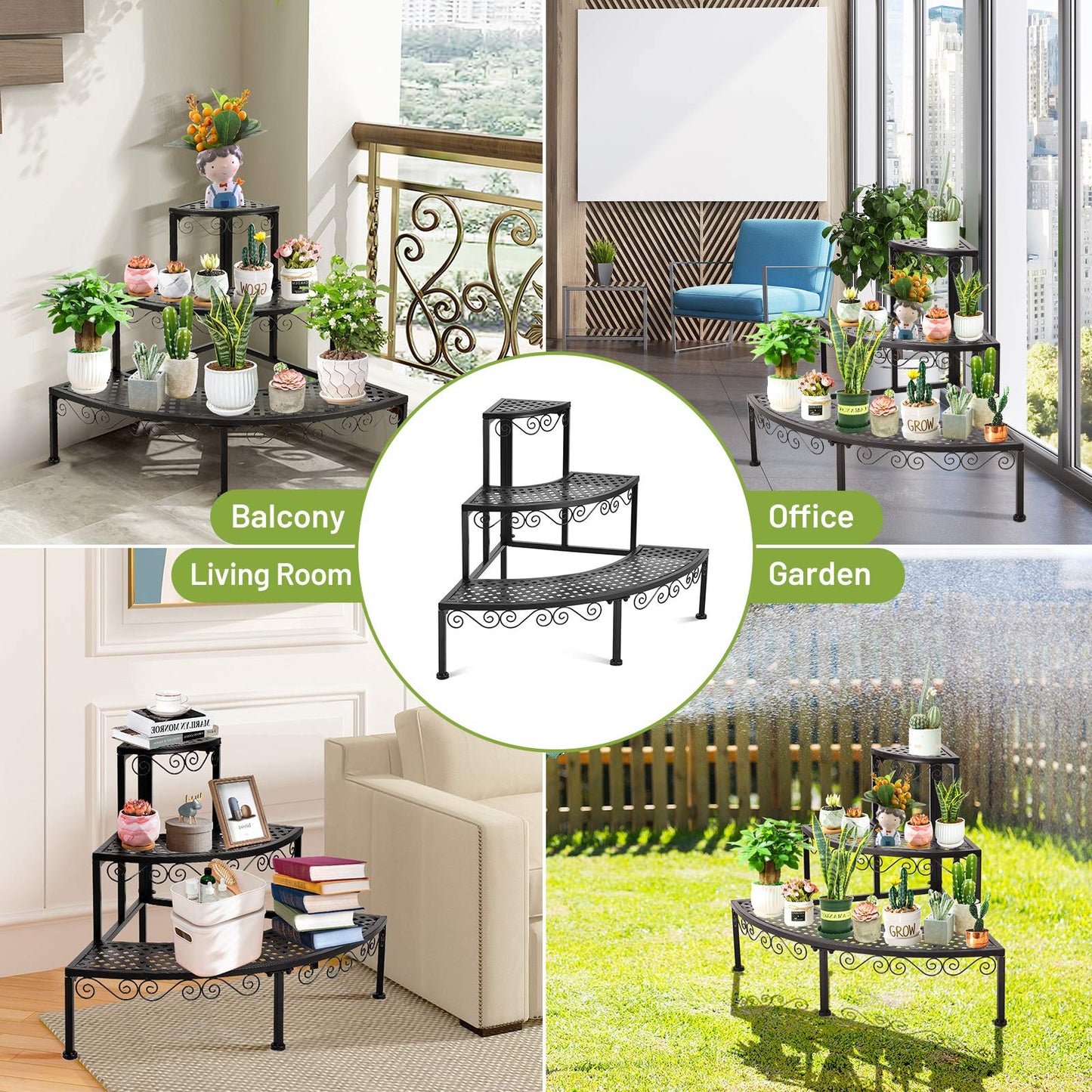 S AFSTAR Metal Plant Stand, 3-Tier Corner Plant Ladder Shelf for Indoor Outdoor, Freestanding Flower Pot Holder for Balcony Garden Office