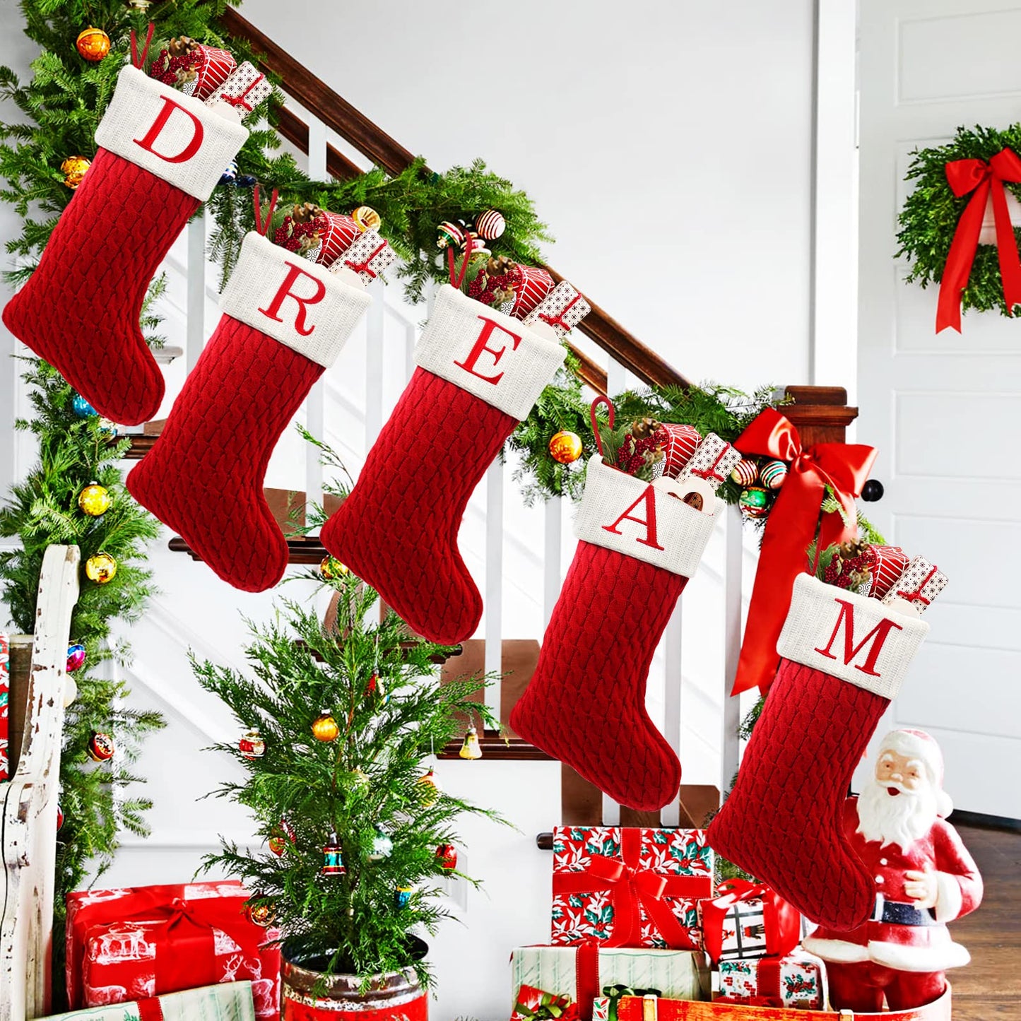 ZOEA 20 Inches Christmas Stockings with Initials, Large Embroidered Letter Knit Christmas Stocking for Family Holiday Decorations and Xmas Gift (E, Red)