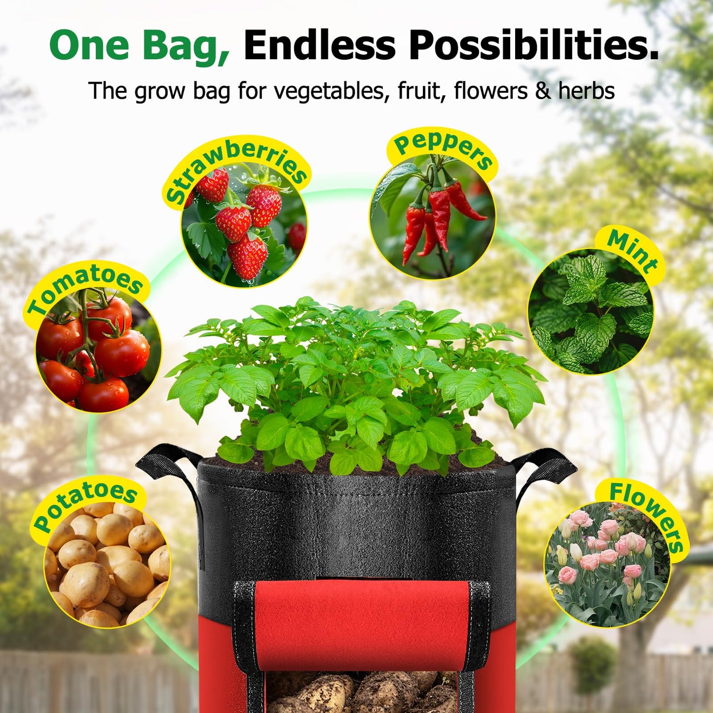 Xpatee 6 Pack Potato Grow Bags with Flap, 15 Gallon Grow Bags for Growing Potatoes, Colorful Durable Fabric Garden Planter Pots with Harvest Window for Tomatoes Vegetables Fruit Flowers Herbs