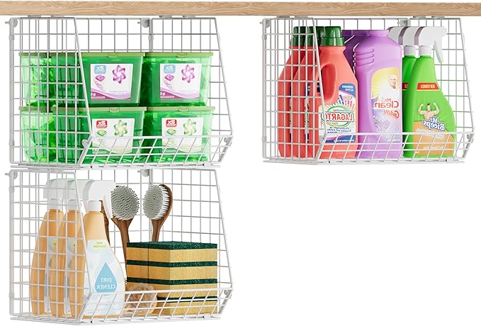 3 Pack Screw Mount Under The Wooden Shelf Laundry Room Organizer: Foldable Wire