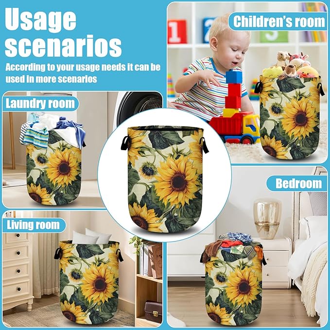 Retro Sunflower Laundry Basket, Floral Laundry Hamper Collapsible Oxford Cloth