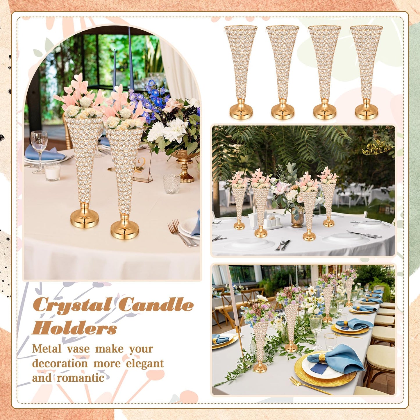 Rtteri 4 Pcs 20 Inch Tall Crystal Vase for Centerpieces Wedding Metal Crystal Trumpet Flower Vase Stand for Holiday Table Floor Wedding Banquet Celebration, Classic Elegance(Gold)