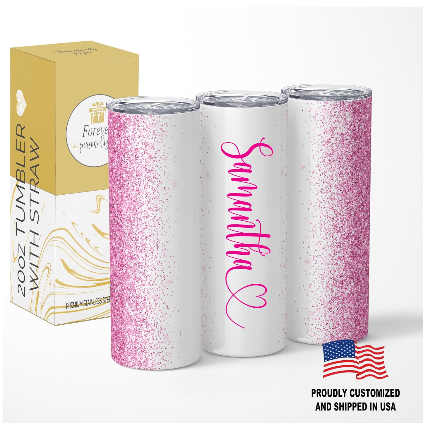Personalized Tumbler with lid and straw | 20oz Stainless Steel Insulated | Custom Gifts | Double Wall Coffee Cups for Hot, Cold Drinks | Pink tumblers Glitter effect with Name | 20oz Cup