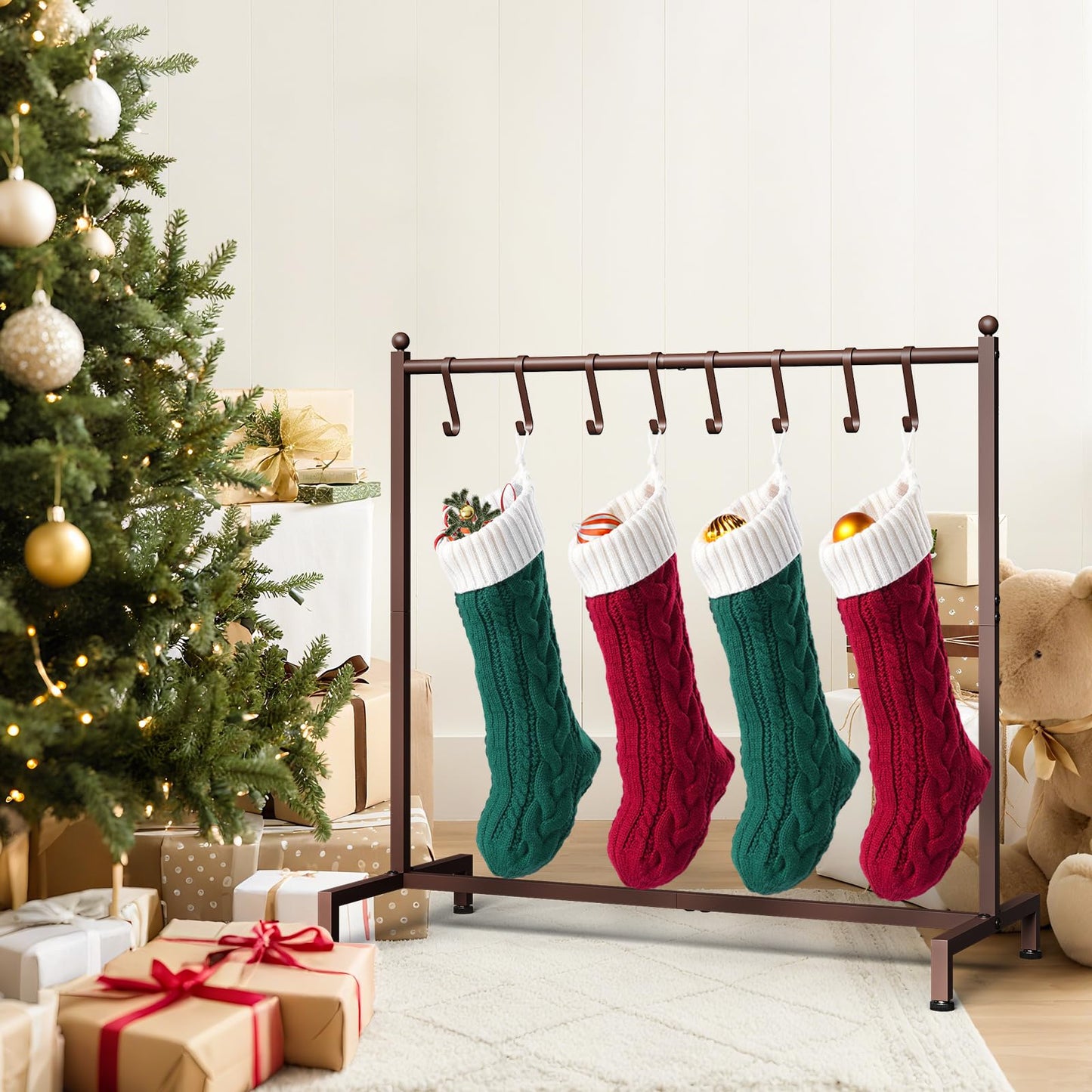 ELYKEN Christmas Stocking Holder, Free Standing Stocking Rack with 8 Removable Hooks, Small Stocking Stand, Heavy Duty Metal Tubes with Stable Base and Adjustable Feet, Bronze