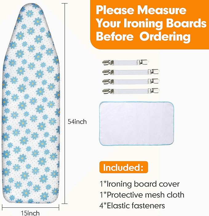 Ironing Board Cover and Pad, 15x54 Standard Size Thick Iron Padding, Scorch &