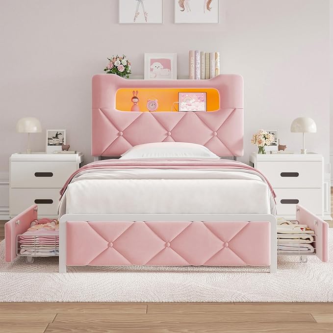 Twin Upholstered LED Bed Frame