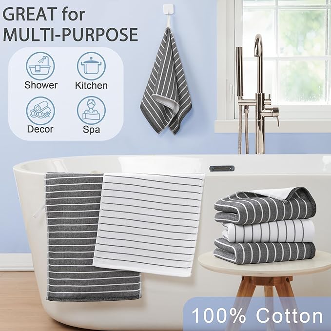 4-Pack Striped Hand Towels, thick 450GSM, Ultra-Absorbent & Quick-Drying ,100%