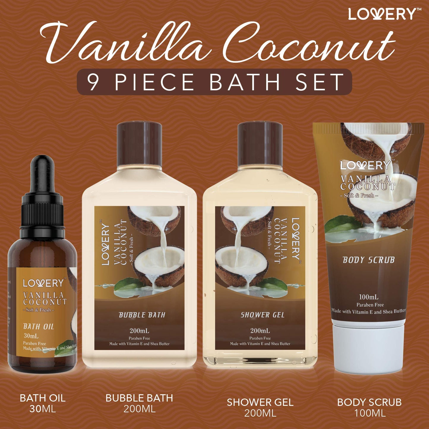 Gifts For Women Gift Basket for Womenโ 9 Piece Set of Vanilla Coconut Home Spa Set, Includes Fragrant Lotions, Extra Large Bath Bombs, Coconut Oil, Luxurious Bath Towel & More
