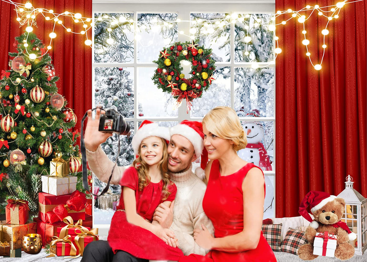 Christmas Window Backdrop 8x6ft Red Curtain Photography Backdrop Winter Xmas Party Banner Decorations Background Xmas Holiday Party Photo Booth D649