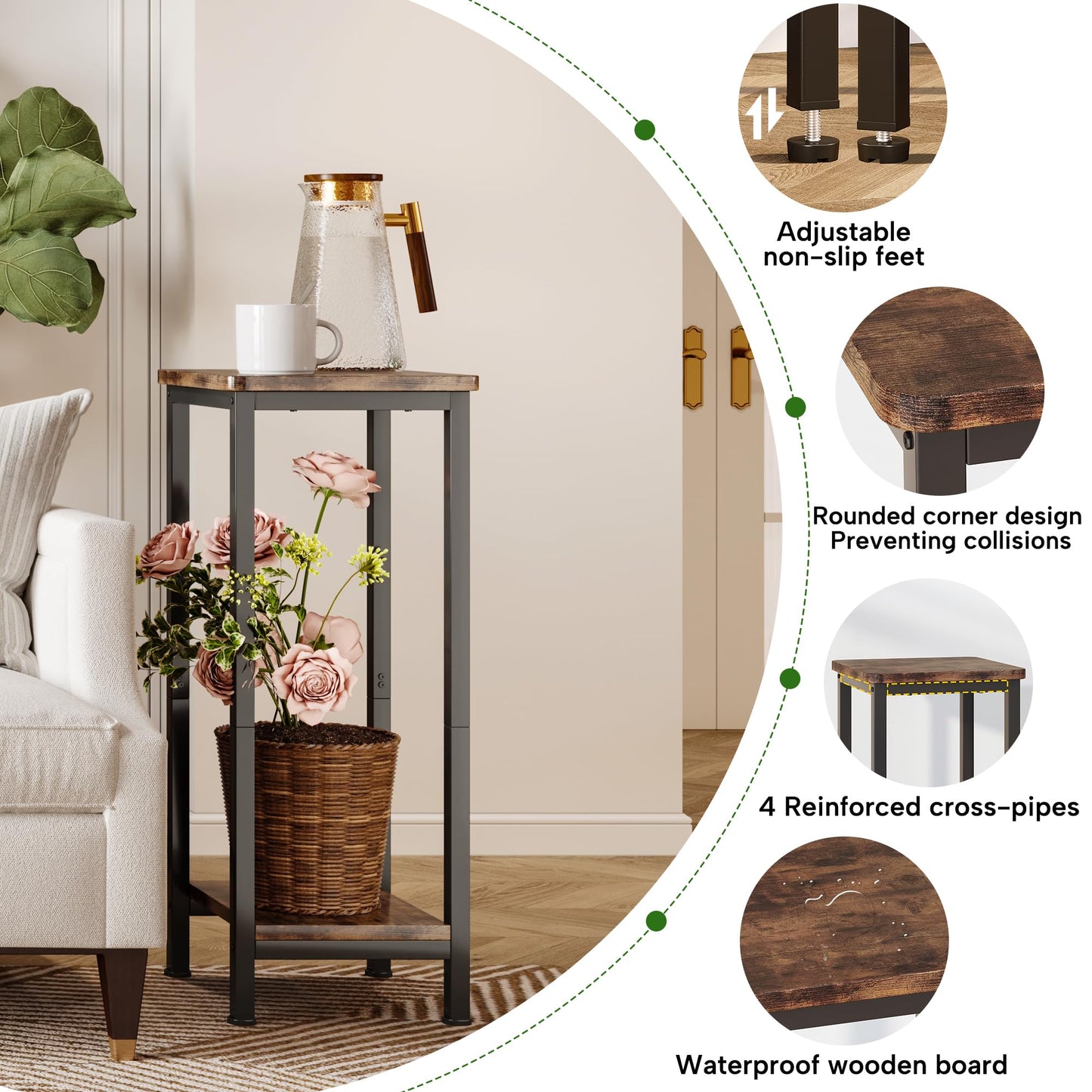 Homeiju 2-Pack Plant Stand Indoor, 2 Tier Wood Corner Plant Stand, Modern Square Plant Shelf Flower Stand for Living Room Patio Balcony Garden, Rustic Brown